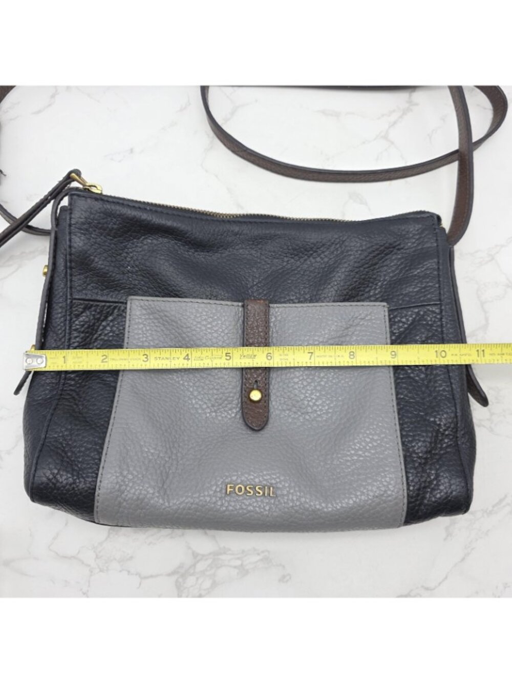 Fossil Crossbody Bag Womens Gemma Black Pebbled Leather Colorblock Zip Timeless - Picture 15 of 16